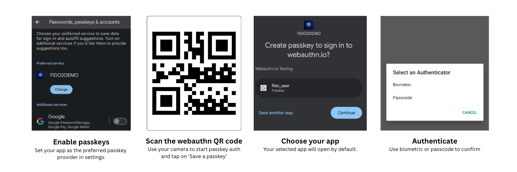 Passkey flow overview showing four steps: Enable provider, Scan QR code, Choose app, and Authenticate
