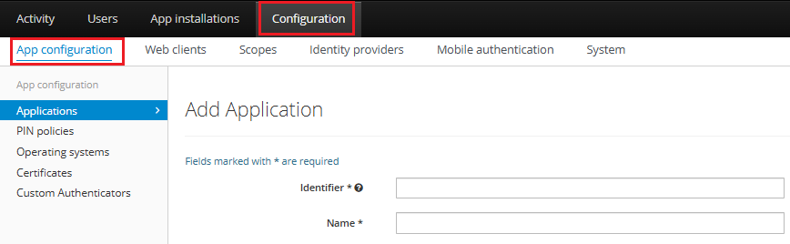 App configuration on the Access admin console