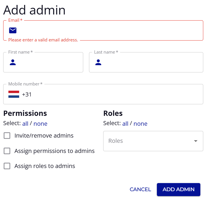 Add admin dialog box