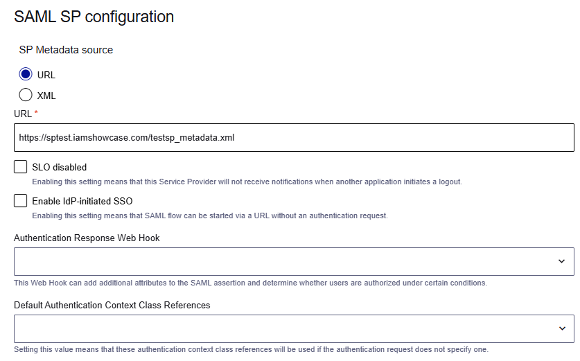SAML SP configuration settings
