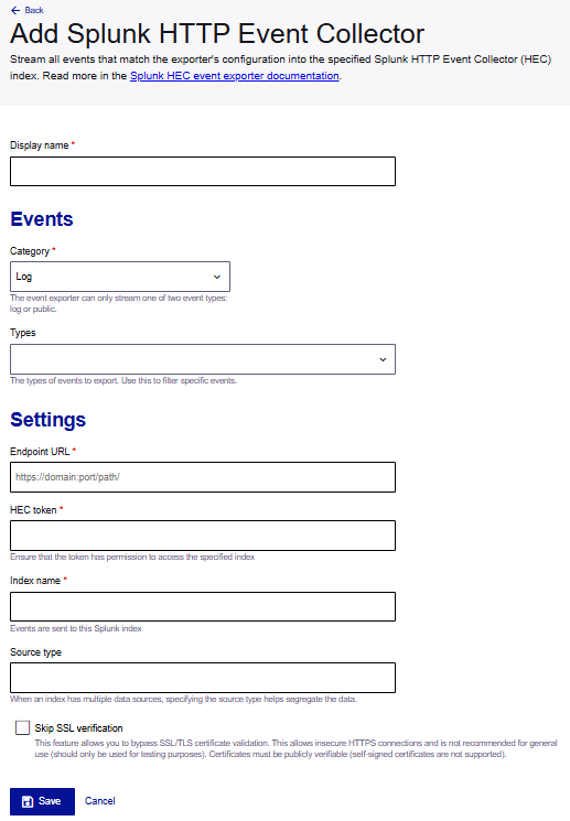 Splunk HEC exporter page