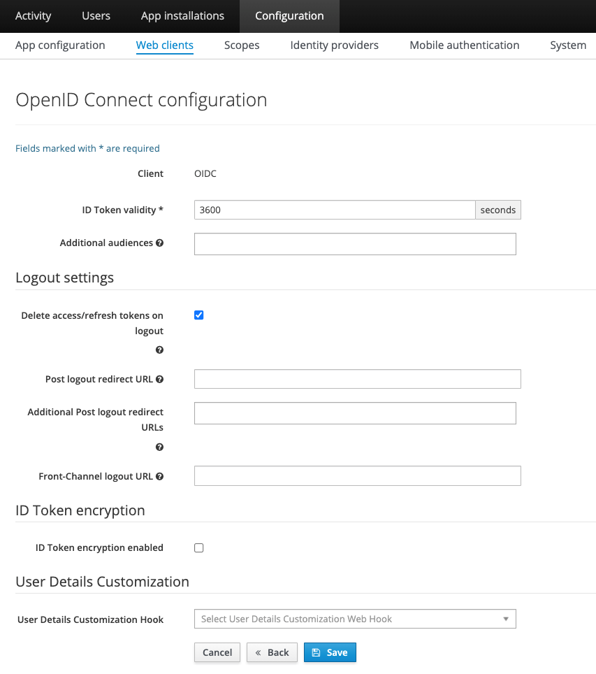OpenID Connect configuration page