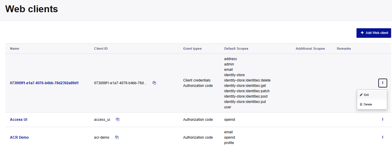Web clients on the Access Admin console