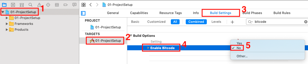 Build Settings > Build Options > Enable Bitcode Build Settings > Build Options > Enable Bitcode