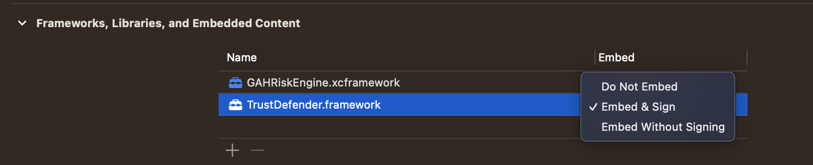 Xcode 11: General > Frameworks, Libraries and Embedded Content trust-embed.png