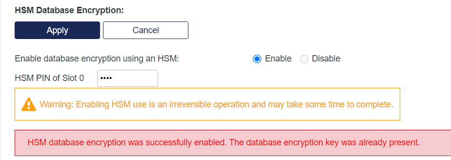 HSM Database Encryption Screen