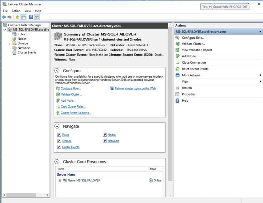 Failover Cluster Manager Screen