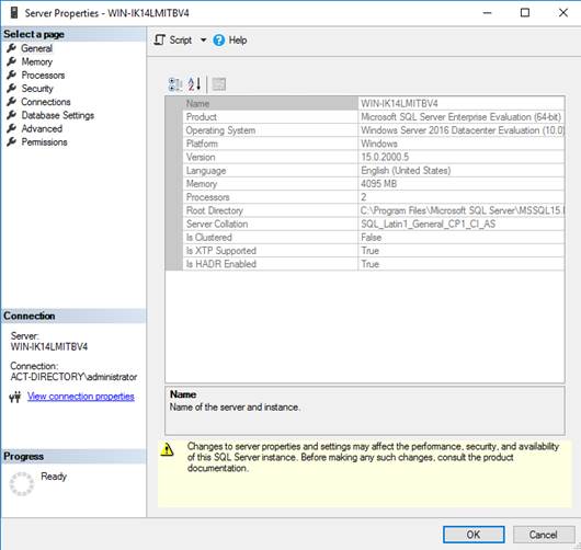 Server Properties Window