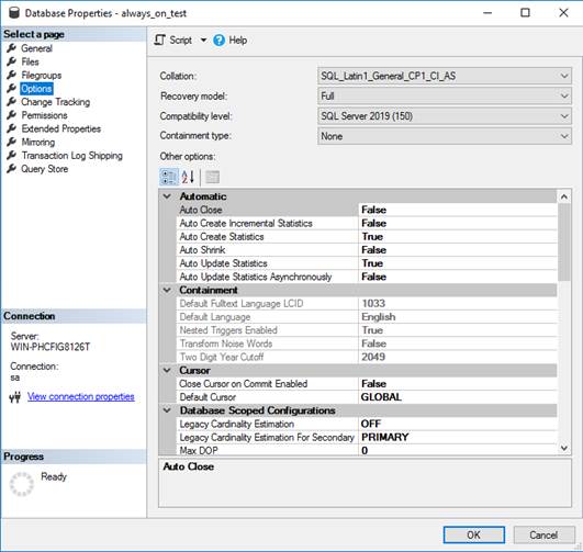 Database Properties Window