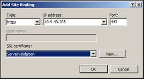 Select IP address and SSL certificate Add Site Binding window