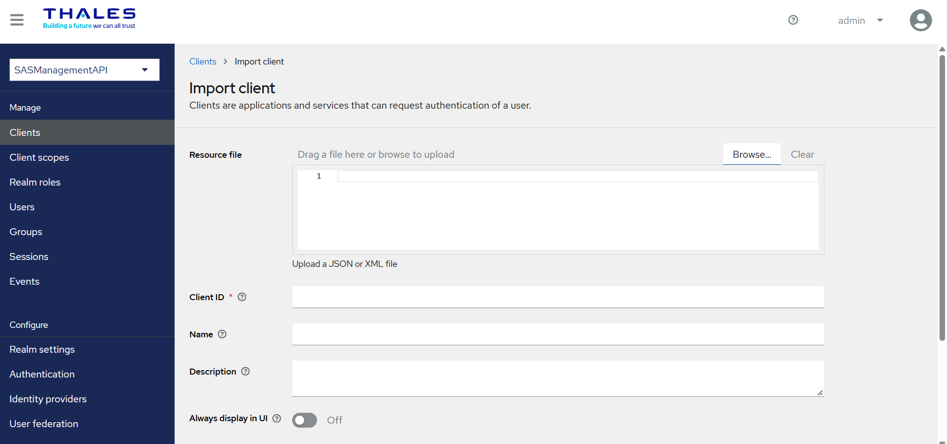 Import client dialog Import client dialog with sas-mgmt-child.json loaded