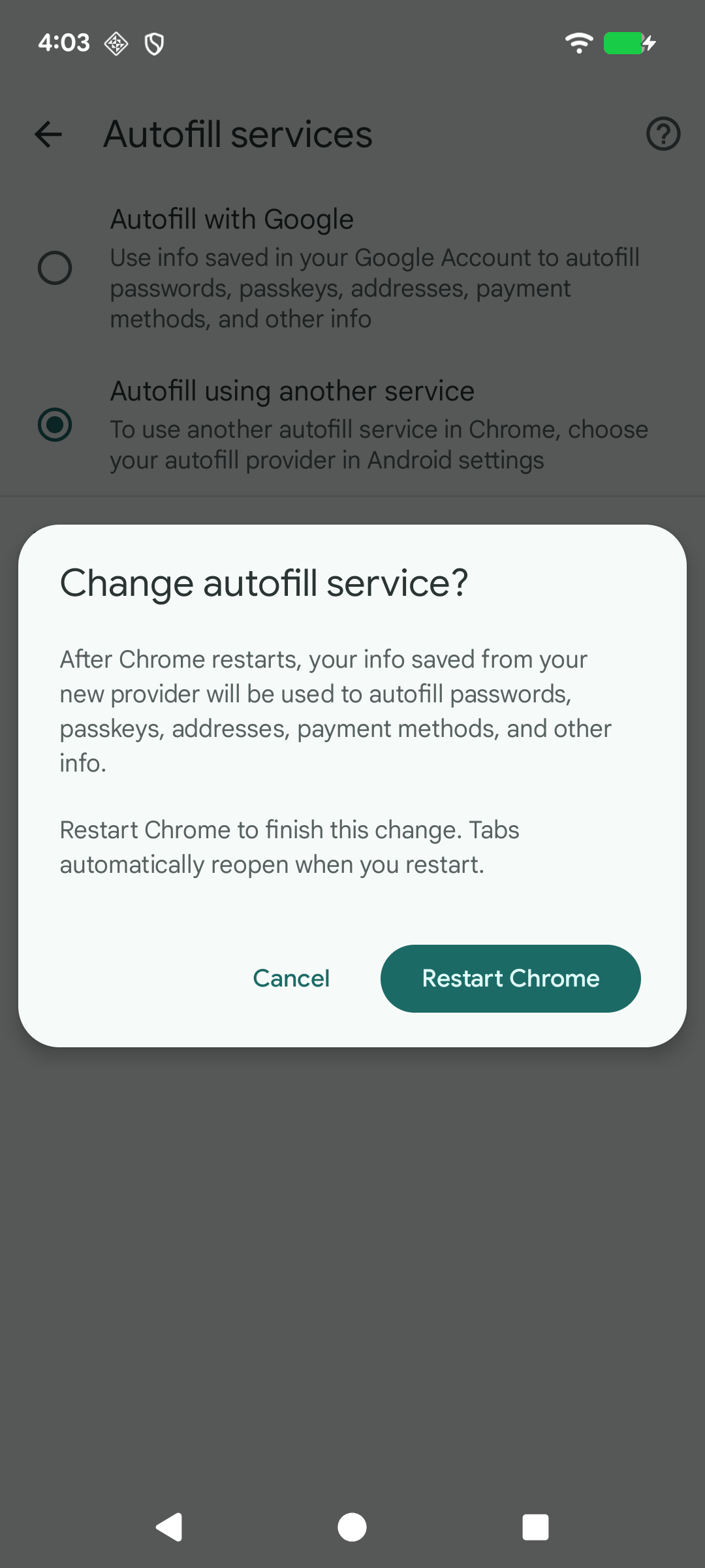 Chrome Autofill Confirmation