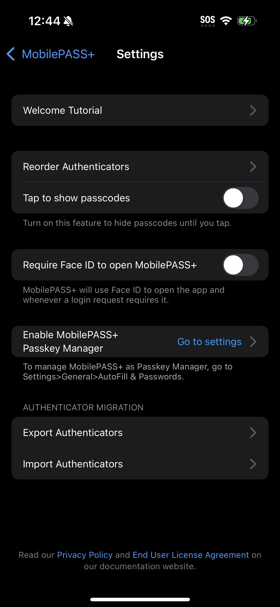 Application settings with passcode manager option