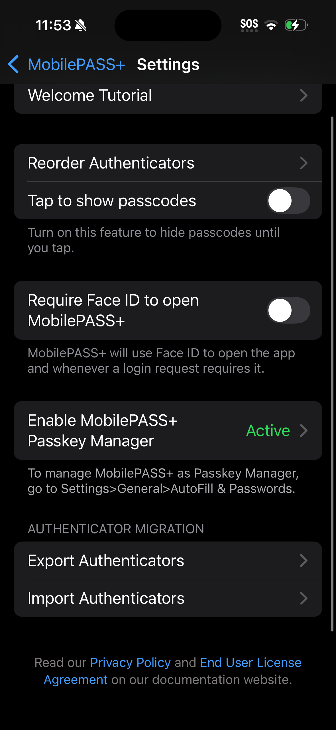 App settings screen