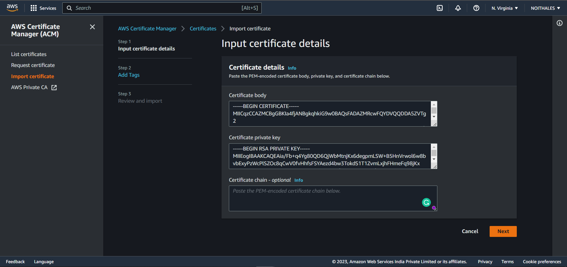 Input certificate details